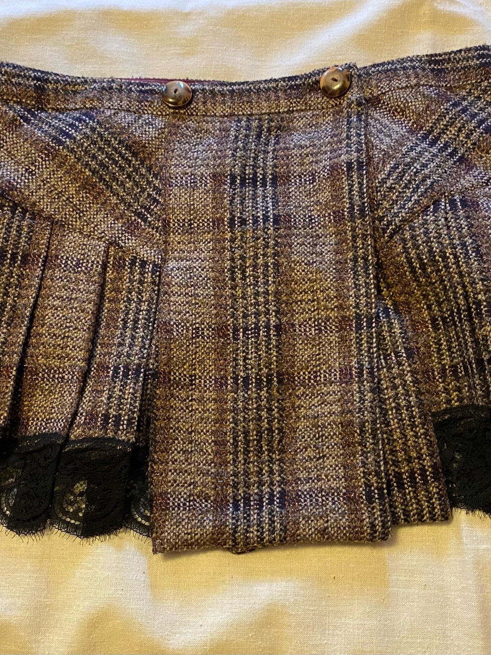 D&G Vintage Brown and Purple Plaid Tweed Skirt with Lace Trim